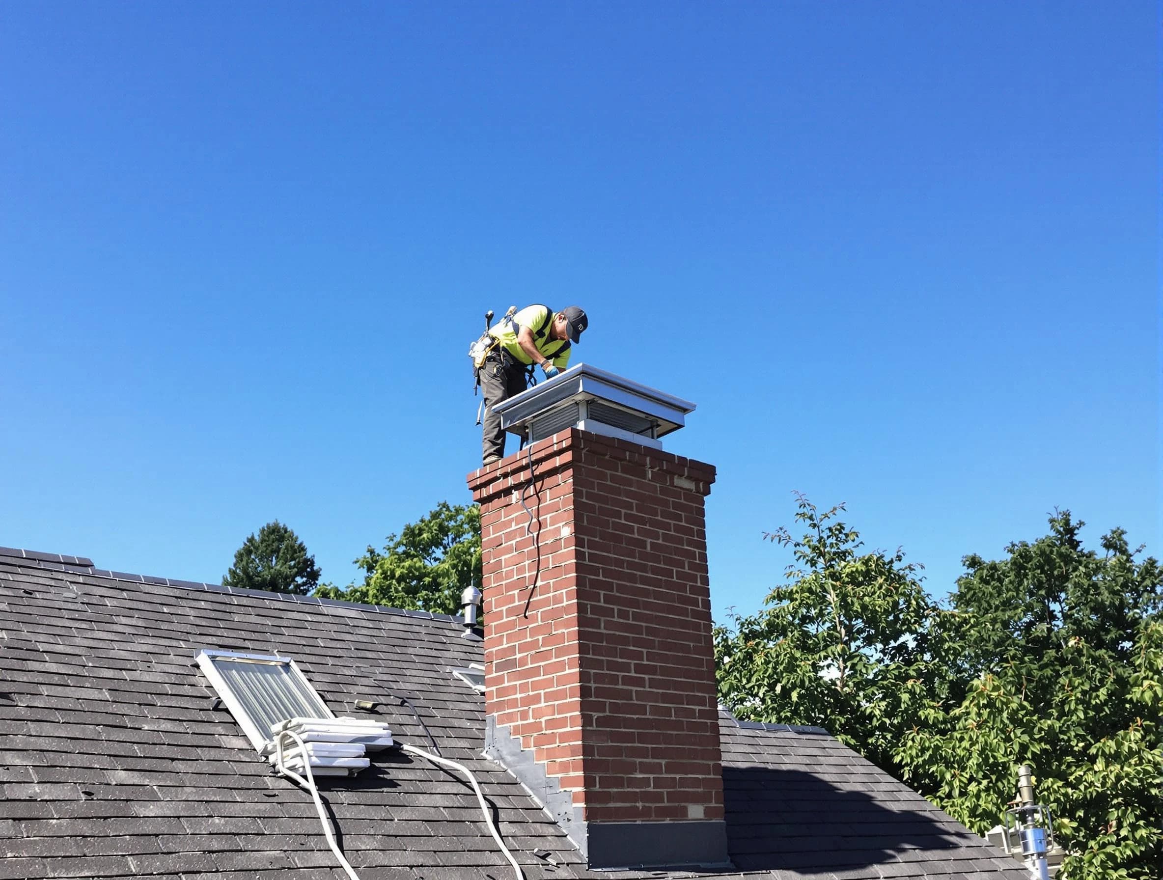 Argo Chimney Sweep technician measuring a chimney cap in Argo, AL